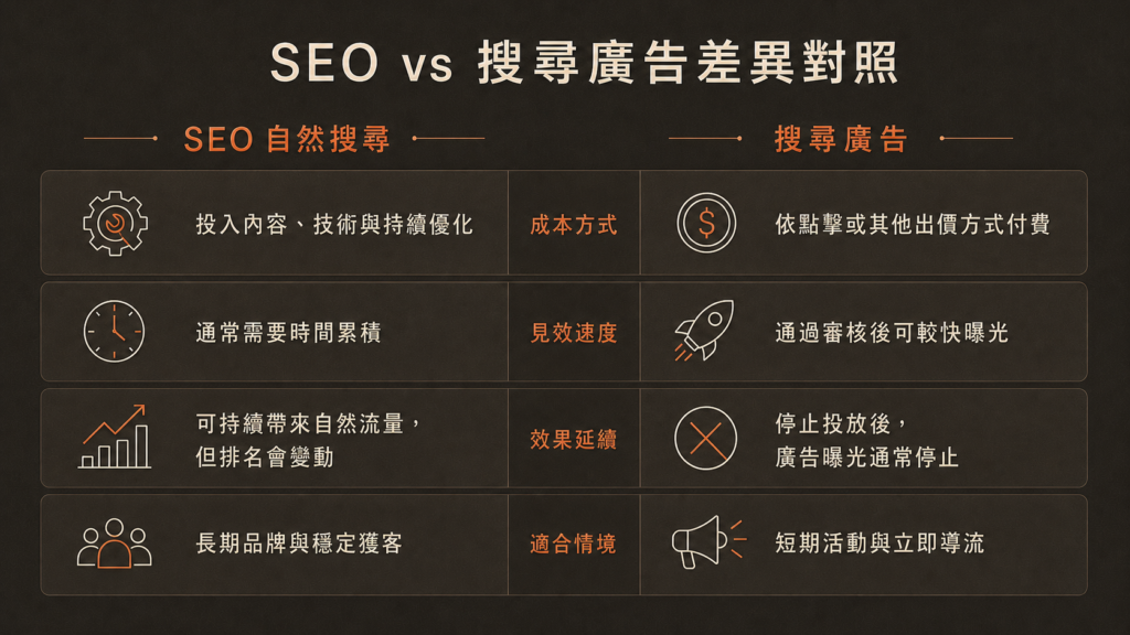 SEO自然搜尋與搜尋廣告差異對照表